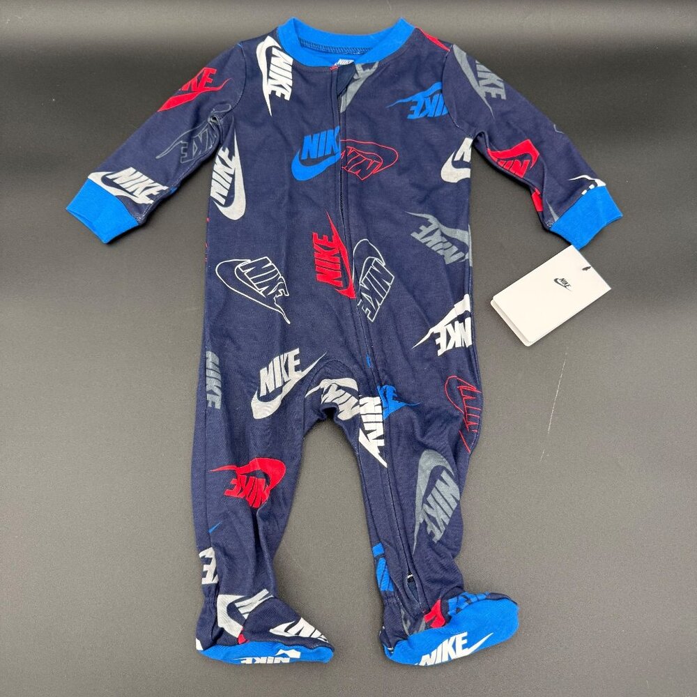 Nike Baby Footed Pajamas‎ 9M Blue Multicolor Navy Logos Cotton Blend 56G821-U90